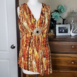 Peter Nygard Orange Tribal Print V Neck Sleeveless Top Blouse womens M